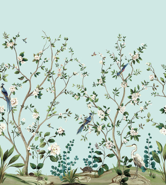 Heron Botanical Mural Celeste blue