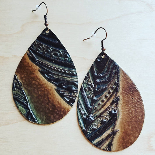 Leather Teardrop Earrings in Embossed Tan/Turquoise Feathers