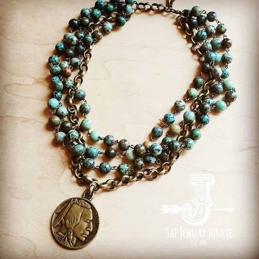 African Turquoise Collar-Length Necklace with Indian Head Coin